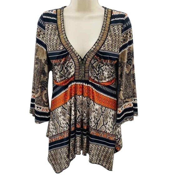 Boston Proper Blouse Womens Small Tan Black Orange Beaded Collar Animal Print - Picture 1 of 7